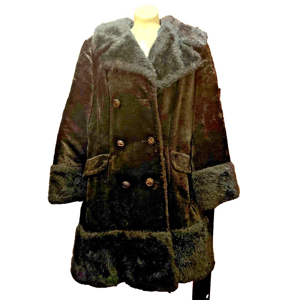 Vintage 60s Davis of Boston Black Faux Fur Toggled Button Hooded Coat Size M